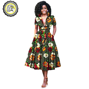 V-Neck High Waist Ankara Print Cotton Dress with Short Sleeves W250127