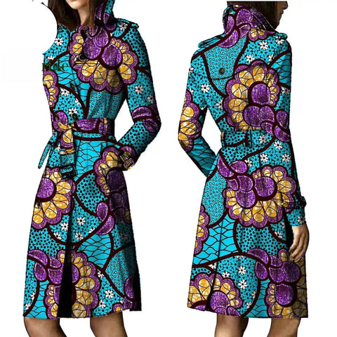 African Ankara Batik Print Cotton Trench Coat for Women W250211