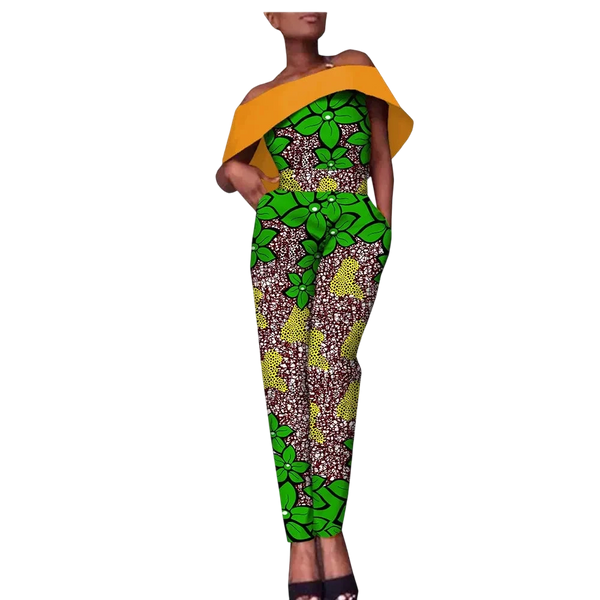 Ankara Print Cotton Jumpsuit with Floral Design and Slash Neck W250196