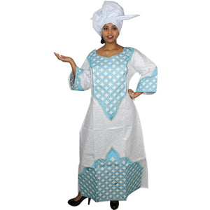 Elegant African Bazin Riche Embroidered Dress with Scarf W250139