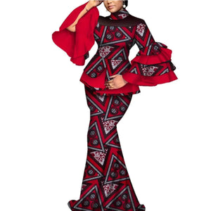 Elegant African Flare Sleeve Top & Maxi Skirt Set for Women W250125