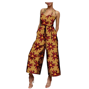 African Print Sleeveless Halter Wide Leg Cotton Jumpsuit W250197