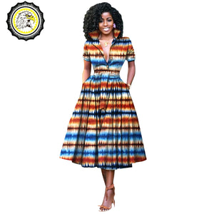 V-Neck High Waist Ankara Print Cotton Dress with Short Sleeves W250127