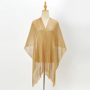 Gold & Silver Shimmer Lace Tassel Evening Shawl Scarf for Women W250173