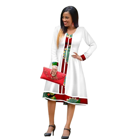 Elegant Ethiopian Print Maxi Dress – African Long Sleeve Robe W250185