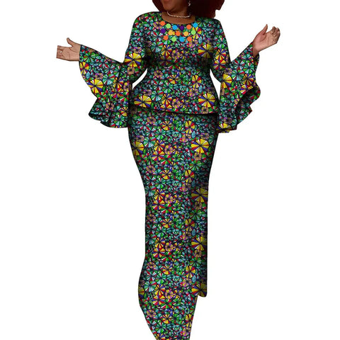 Vibrant African Wax Print 2-Piece Set with Petal Sleeve Top & Skirt W250188