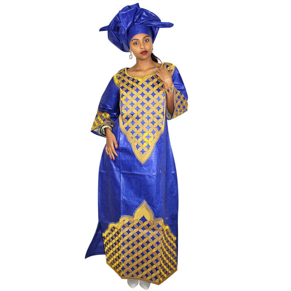 Elegant African Bazin Riche Embroidered Dress with Scarf W250139