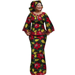 Ankara Print Long Sleeve Top & Skirt Set with Headwrap W250170