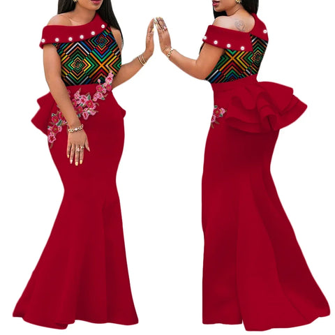Elegant African Print Pearl Draped Long Dress for Women W250220