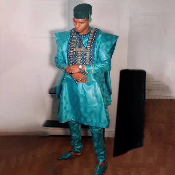 Green Bazin Dashiki Agbada Suit – African Formal Wear for Men M250221