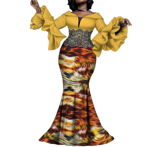 Elegant Ankara Maxi Dress with Black Lace Detail W250166