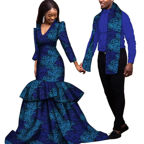 Elegant African Dashiki Print Couple Set – Dress & Shirt with Scarf C250181