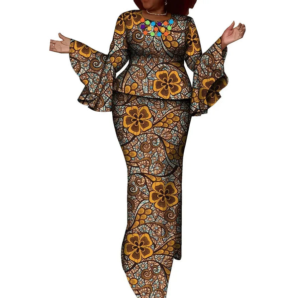 Vibrant African Wax Print 2-Piece Set with Petal Sleeve Top & Skirt W250188