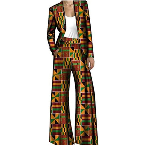 African Print Blazer & Wide Leg Pant Set for Women W250215