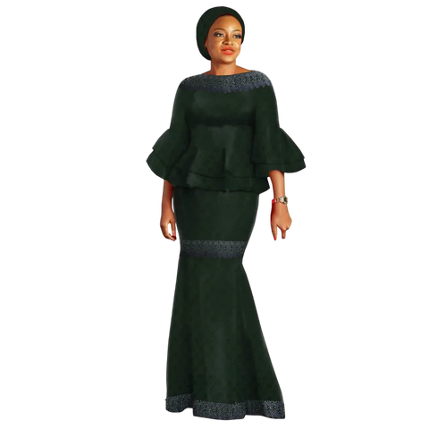 Elegant African Two-Piece Skirt Set with Flare Lace Sleeves W250113