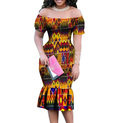 Elegant Dashiki Off-Shoulder Maxi Dress with Ruffle & Pearl Detail W250205