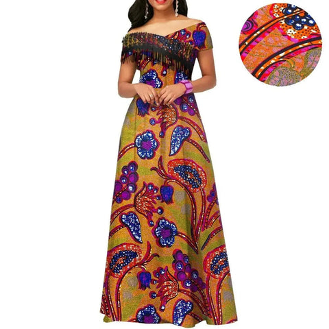 Ankara Print Cotton Maxi Dress with Tassels – Floor Length Elegance W250201