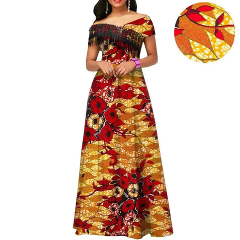 Ankara Print Cotton Maxi Dress with Tassels – Floor Length Elegance W250201