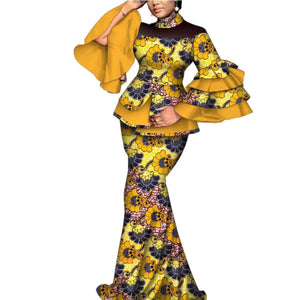 Elegant African Flare Sleeve Top & Maxi Skirt Set for Women W250125
