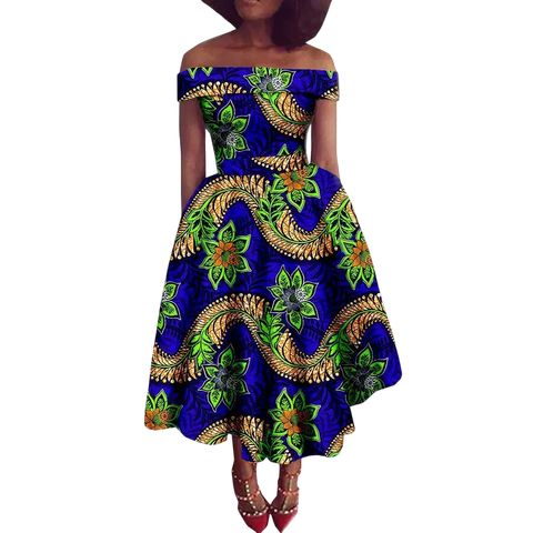 Vibrant Ankara Off-Shoulder Mid-Calf Dress for Women W250200