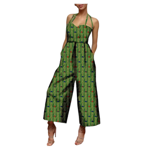 African Print Sleeveless Halter Wide Leg Cotton Jumpsuit W250197
