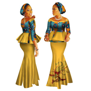Handmade Off-Shoulder African Dashiki Print Crop Top & Skirt Set W250122
