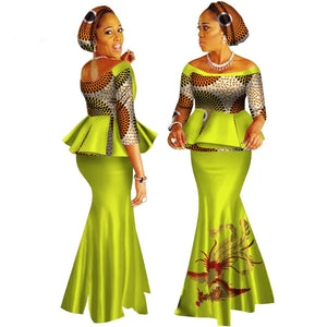 Handmade Off-Shoulder African Dashiki Print Crop Top & Skirt Set W250122