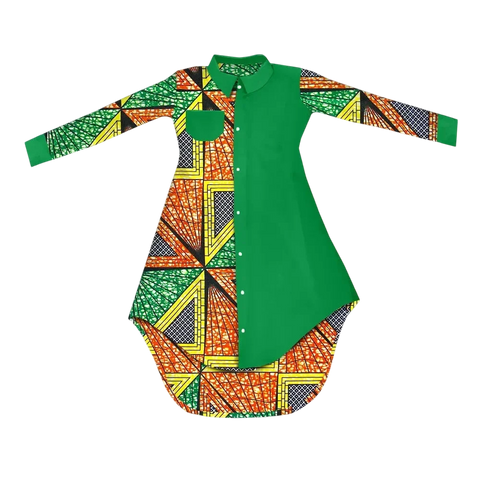Bold African Print Mid-Calf Dress with Full Sleeves & Pockets W250209