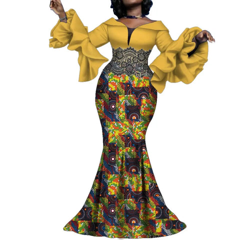 Elegant Ankara Maxi Dress with Black Lace Detail W250166