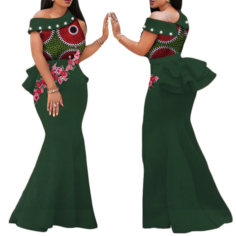 Elegant African Print Pearl Draped Long Dress for Women W250220
