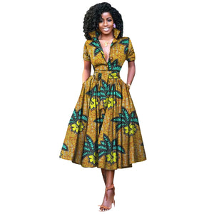 V-Neck High Waist Ankara Print Cotton Dress with Short Sleeves W250127