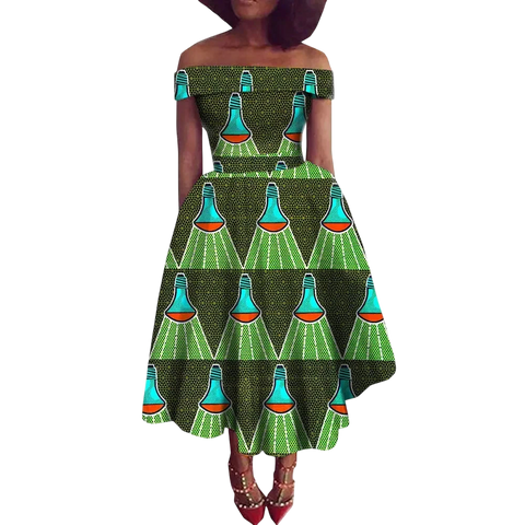 Vibrant Ankara Off-Shoulder Mid-Calf Dress for Women W250200