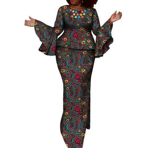 Vibrant African Wax Print 2-Piece Set with Petal Sleeve Top & Skirt W250188