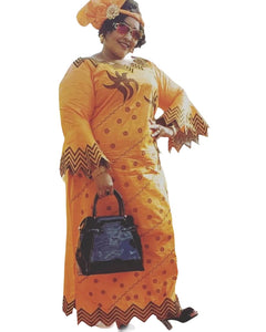 Elegant African Bazin Riche Embroidered Long Dress with Scarf W250128