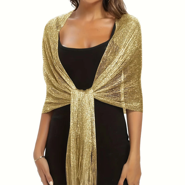 Gold & Silver Shimmer Lace Tassel Evening Shawl Scarf for Women W250173