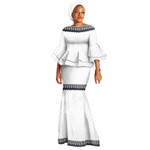 Elegant African Two-Piece Skirt Set with Flare Lace Sleeves W250113
