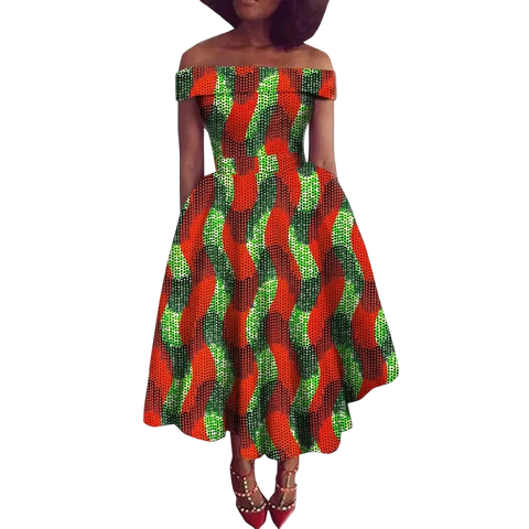 Vibrant Ankara Off-Shoulder Mid-Calf Dress for Women W250200