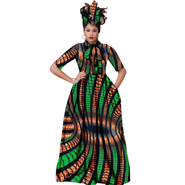 Vibrant Ankara Maxi Dress with Headwrap – African Elegance W250210