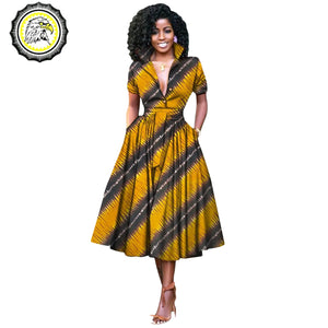 V-Neck High Waist Ankara Print Cotton Dress with Short Sleeves W250127