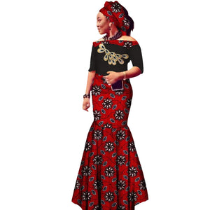 Off-Shoulder African Wax Print Dress with Embroidery Details W250105