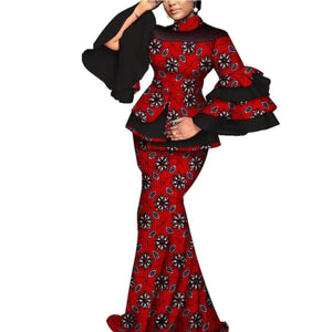 Elegant African Flare Sleeve Top & Maxi Skirt Set for Women W250125
