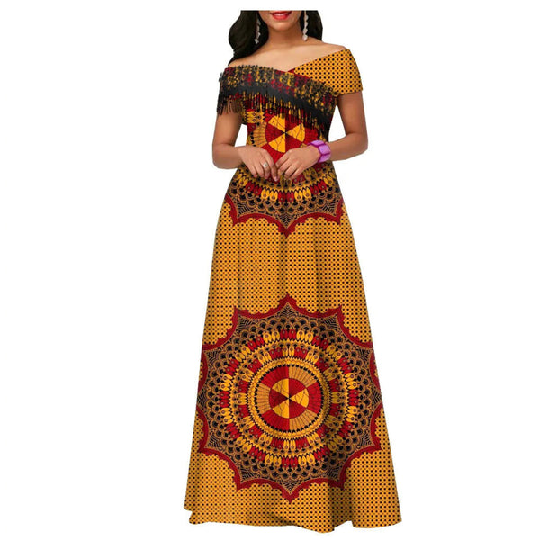 Ankara Print Cotton Maxi Dress with Tassels – Floor Length Elegance W250201