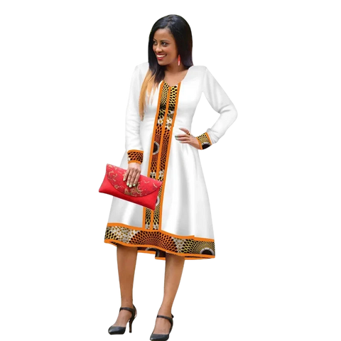 Elegant Ethiopian Print Maxi Dress – African Long Sleeve Robe W250185