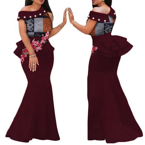 Elegant African Print Pearl Draped Long Dress for Women W250220