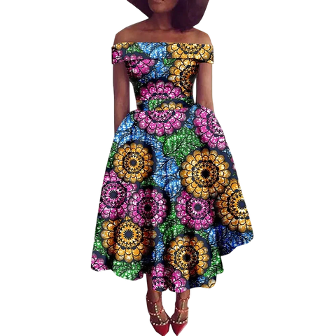 Vibrant Ankara Off-Shoulder Mid-Calf Dress for Women W250200