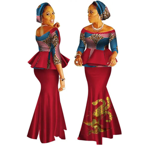 Handmade Off-Shoulder African Dashiki Print Crop Top & Skirt Set W250122