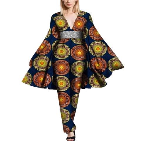 African Cape Sleeve Romper – Deep V-Neck Bazin Riche Jumpsuit W250189
