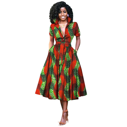 V-Neck High Waist Ankara Print Cotton Dress with Short Sleeves W250127