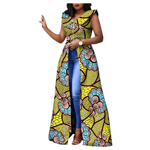 Vibrant Ankara Print Maxi Dress – Sleeveless African Cotton Gown W250202