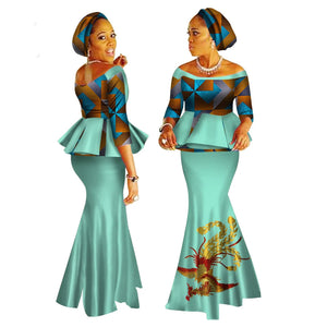 Handmade Off-Shoulder African Dashiki Print Crop Top & Skirt Set W250122